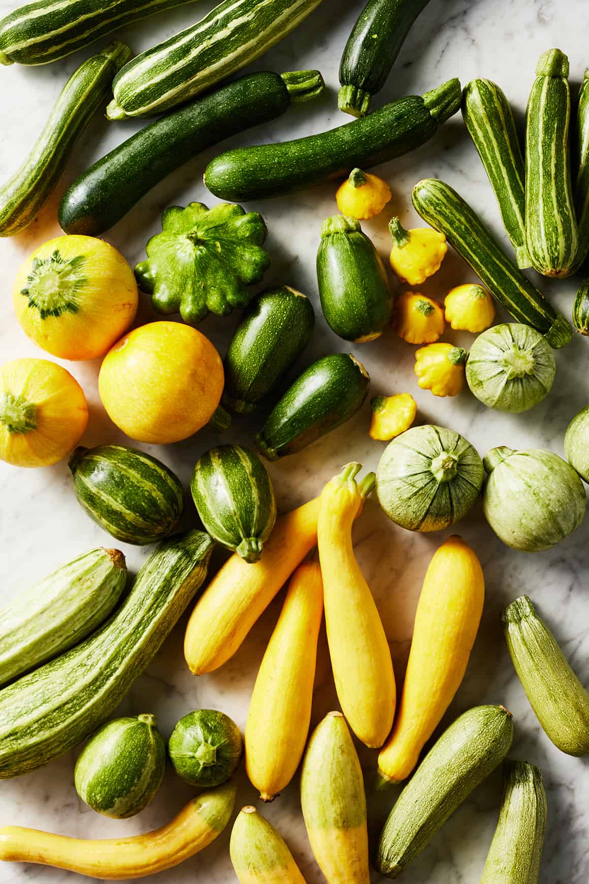 Types of summer squash on marble